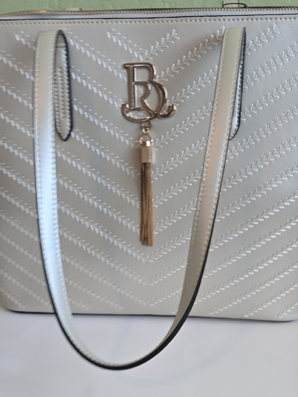 Silver Chevron Embossed Work Tote Bag NWT Large Shoulder Purse Brangio Italy NWT - Picture 11 of 12